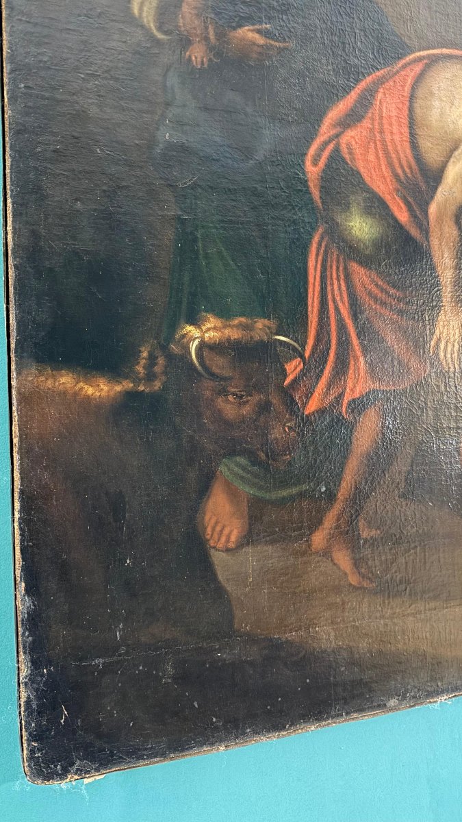 Grande Dipinto antico raffigurante la Sacra Natività, firmato e datato 1665-photo-1