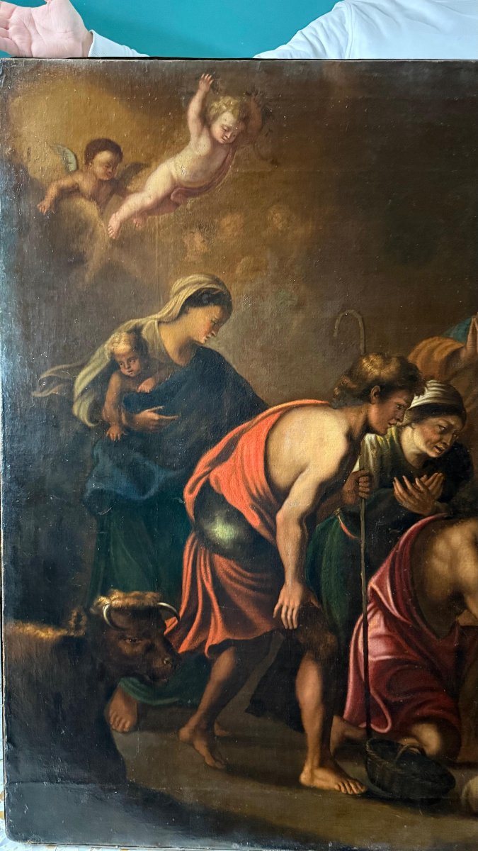 Grande Dipinto antico raffigurante la Sacra Natività, firmato e datato 1665-photo-2