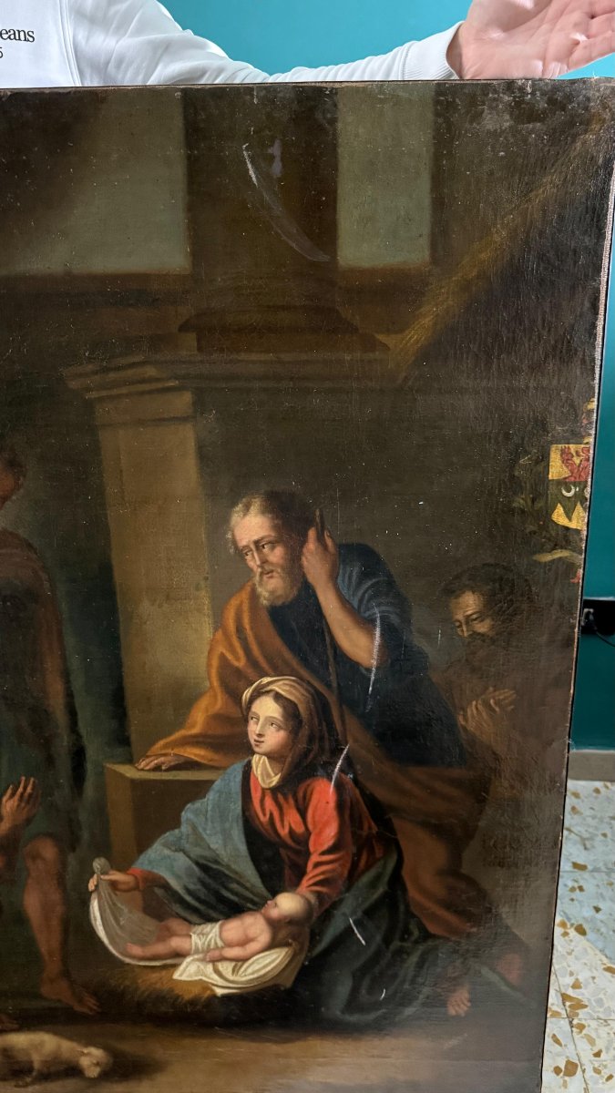 Grande Dipinto antico raffigurante la Sacra Natività, firmato e datato 1665-photo-3