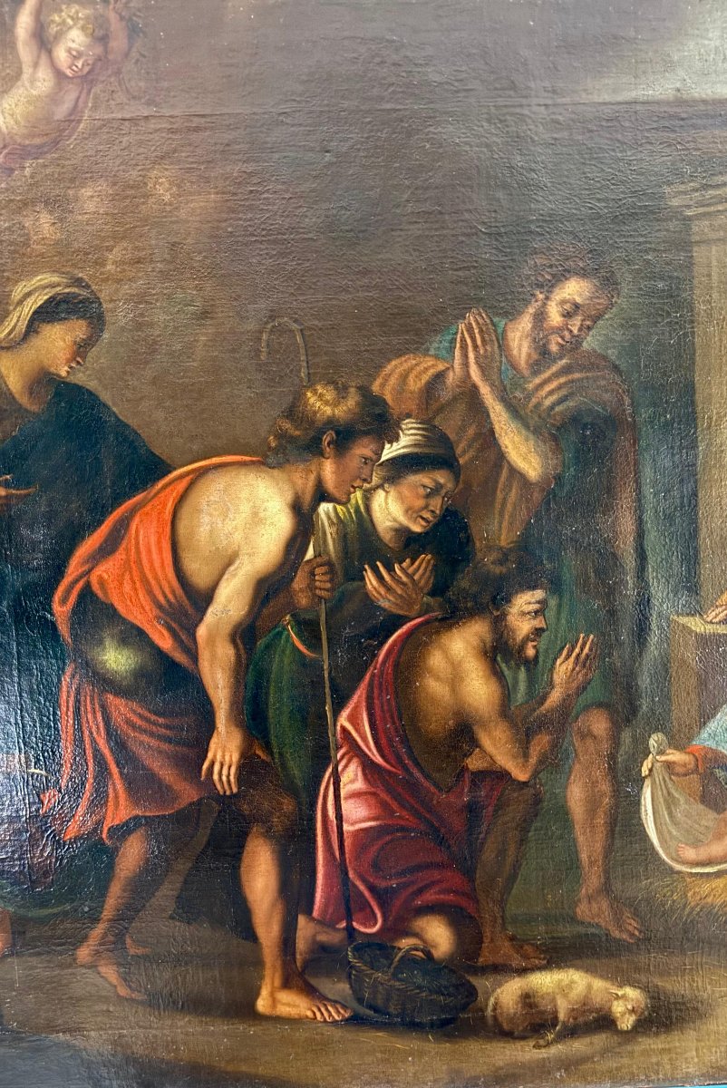 Grande Dipinto antico raffigurante la Sacra Natività, firmato e datato 1665-photo-5