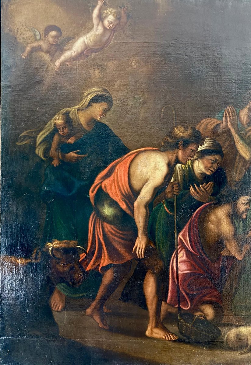 Grande Dipinto antico raffigurante la Sacra Natività, firmato e datato 1665-photo-6