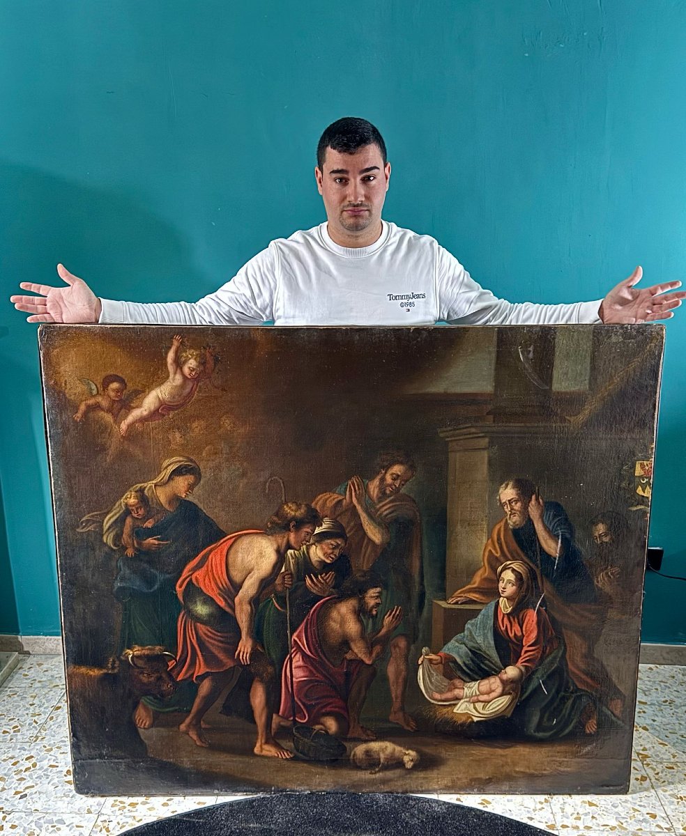 Grande Dipinto antico raffigurante la Sacra Natività, firmato e datato 1665-photo-8