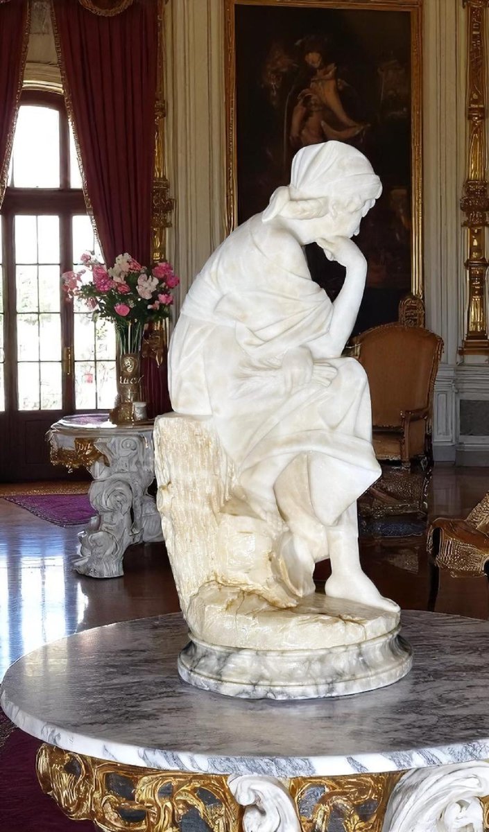 Statua raffigurante una donna seduta, con una mano sul mento • Guglielmo PUGI -photo-1