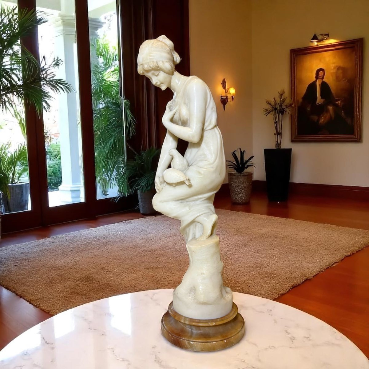Statua fanciulla che gioca con Colombi in Marmo Bianco Statuario di Carrara -photo-3