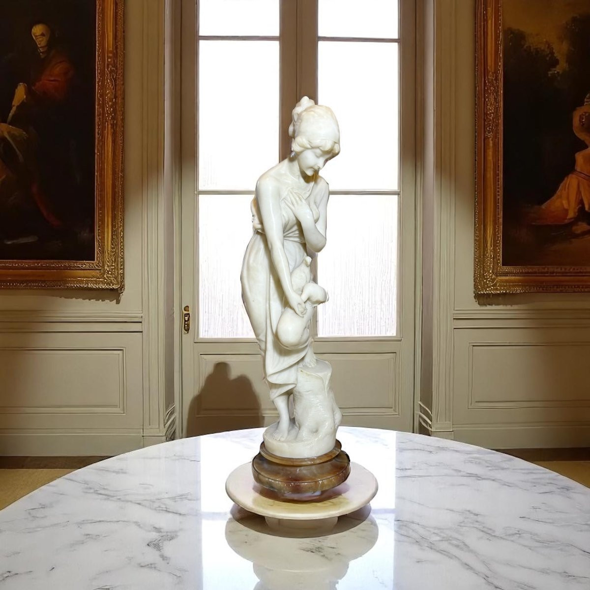 Statua fanciulla che gioca con Colombi in Marmo Bianco Statuario di Carrara -photo-4