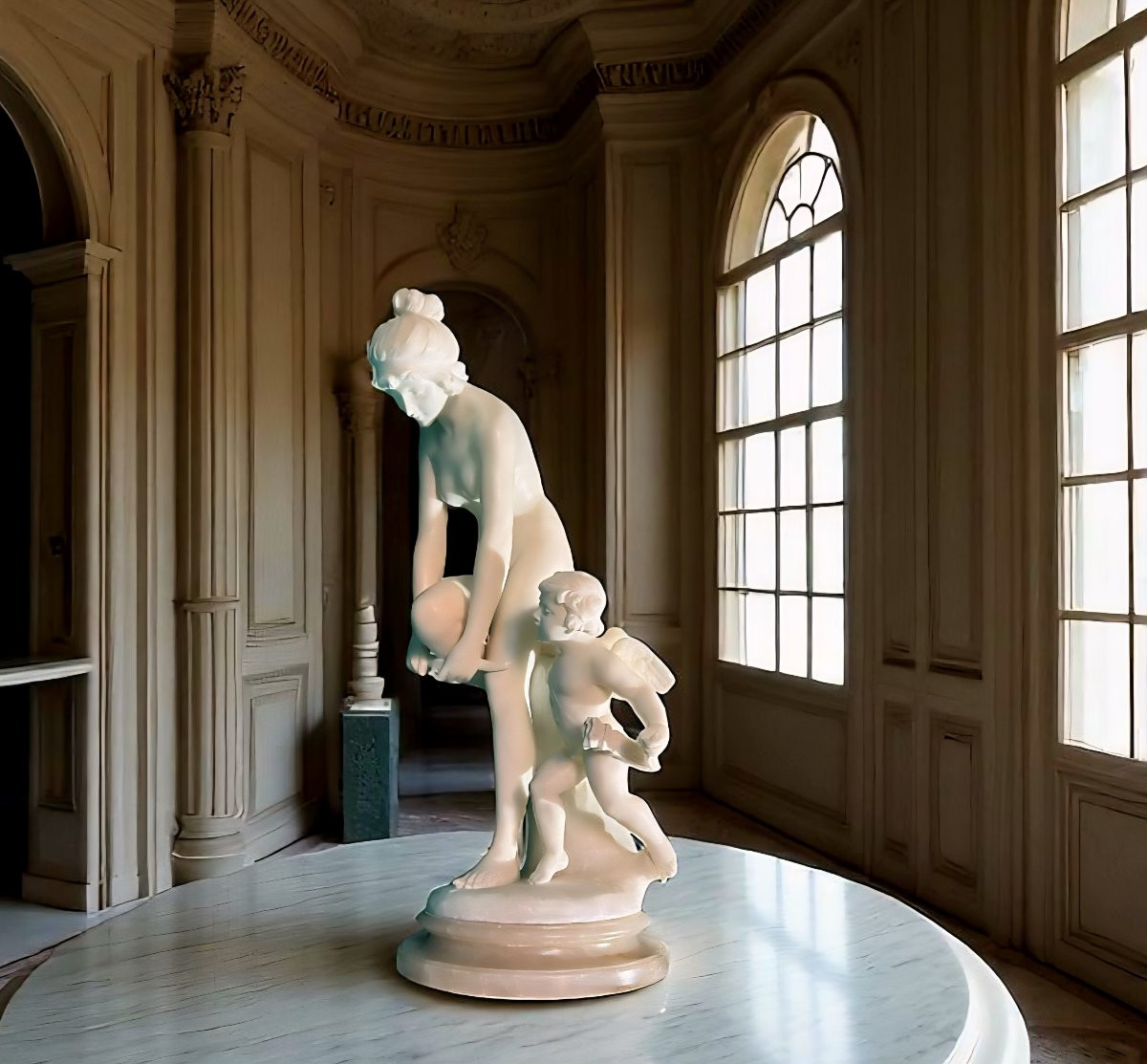 Gruppo scultoreo raffigurante una giovane fanciulla sorridente con Eros Marmo Bianco di Carrara-photo-6