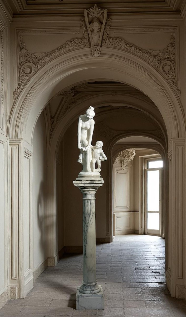 Gruppo scultoreo raffigurante una giovane fanciulla sorridente con Eros Marmo Bianco di Carrara