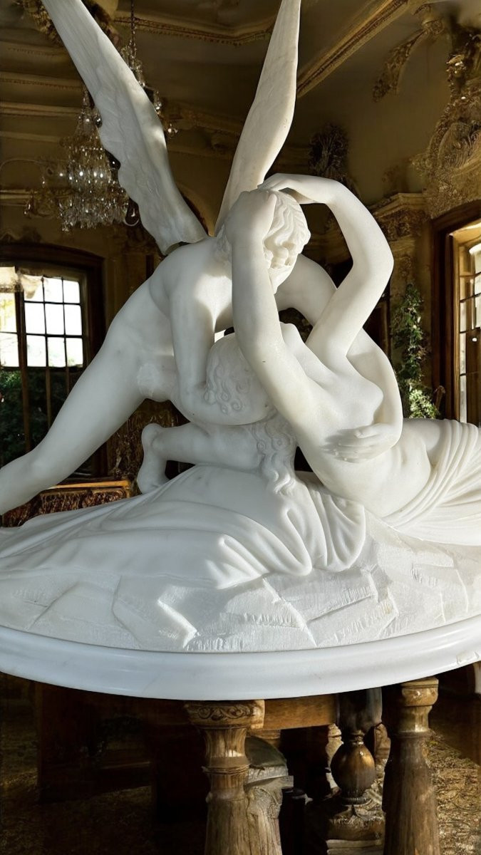 Psiche ravvivata dal Bacio d'Amore, opera italiana scolpita a mano, Marmo Bianco Carrara-photo-2
