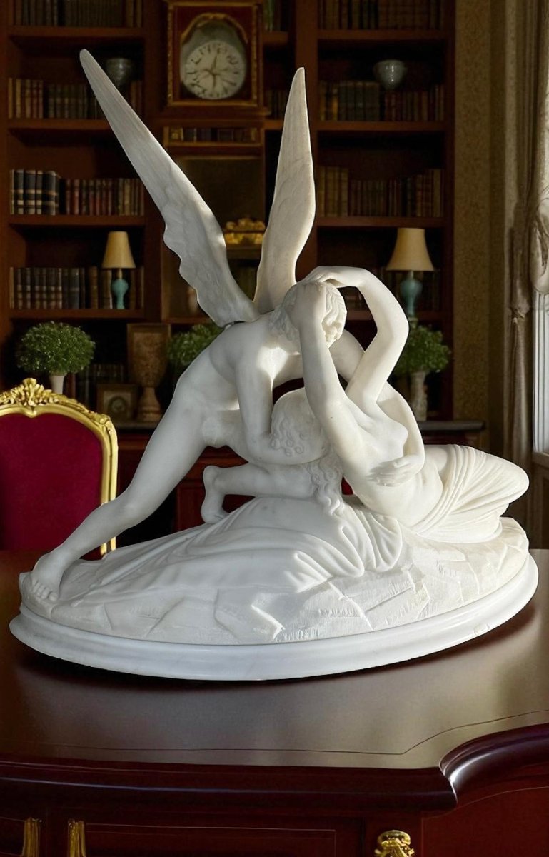 Psiche ravvivata dal Bacio d'Amore, opera italiana scolpita a mano, Marmo Bianco Carrara-photo-4
