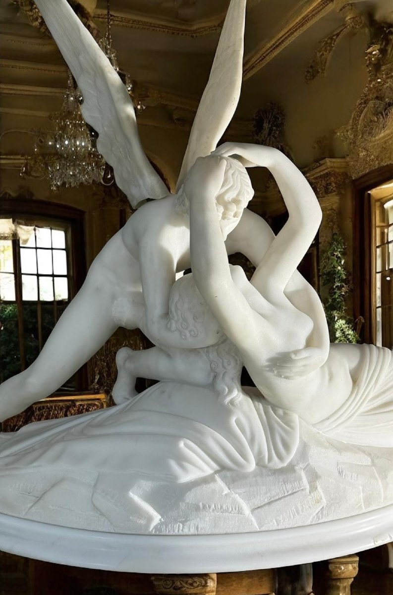 Psiche ravvivata dal Bacio d'Amore, opera italiana scolpita a mano, Marmo Bianco Carrara-photo-5