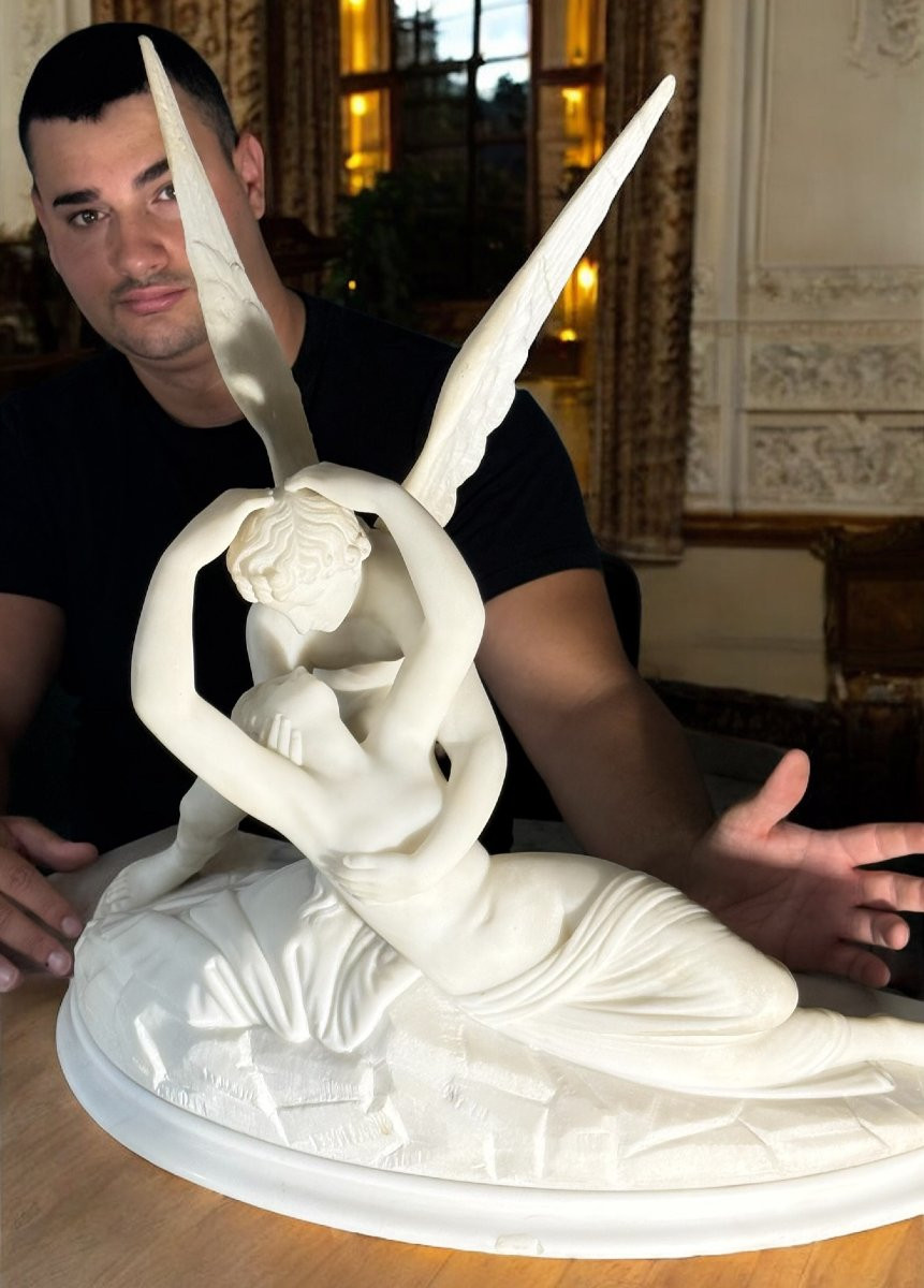 Psiche ravvivata dal Bacio d'Amore, opera italiana scolpita a mano, Marmo Bianco Carrara-photo-6