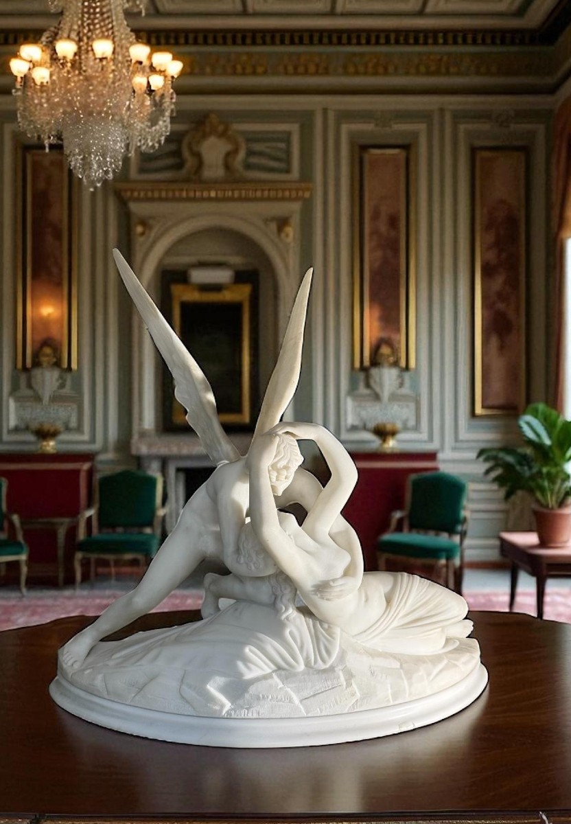 Psiche ravvivata dal Bacio d'Amore, opera italiana scolpita a mano, Marmo Bianco Carrara