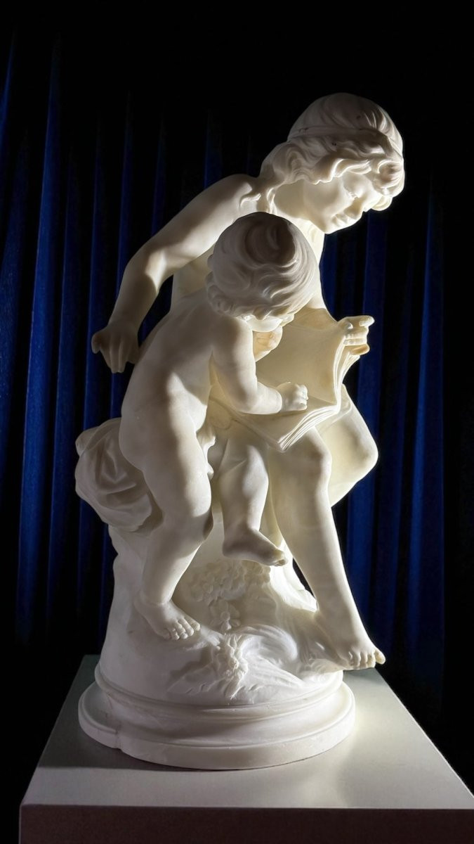 Statua coppia di Fanciulli che leggono un libro Marmo Moreau -photo-3
