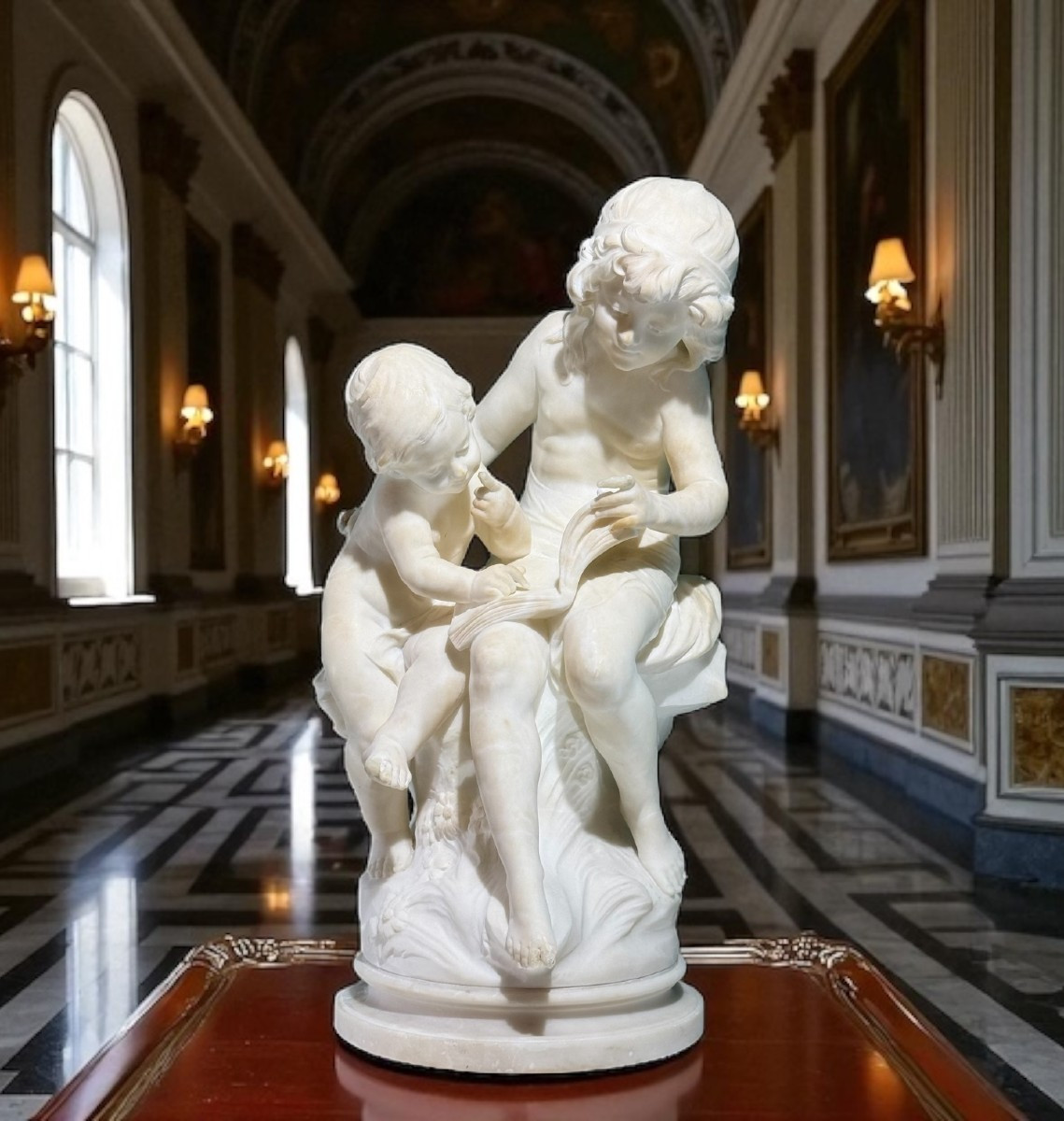 Statua coppia di Fanciulli che leggono un libro Marmo Moreau 
