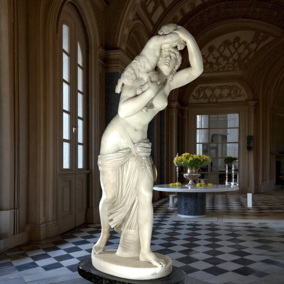 Statua fanciulla neoclassica con fauno, Marmo Bianco statuario di Carrara, FOUCOU-photo-2