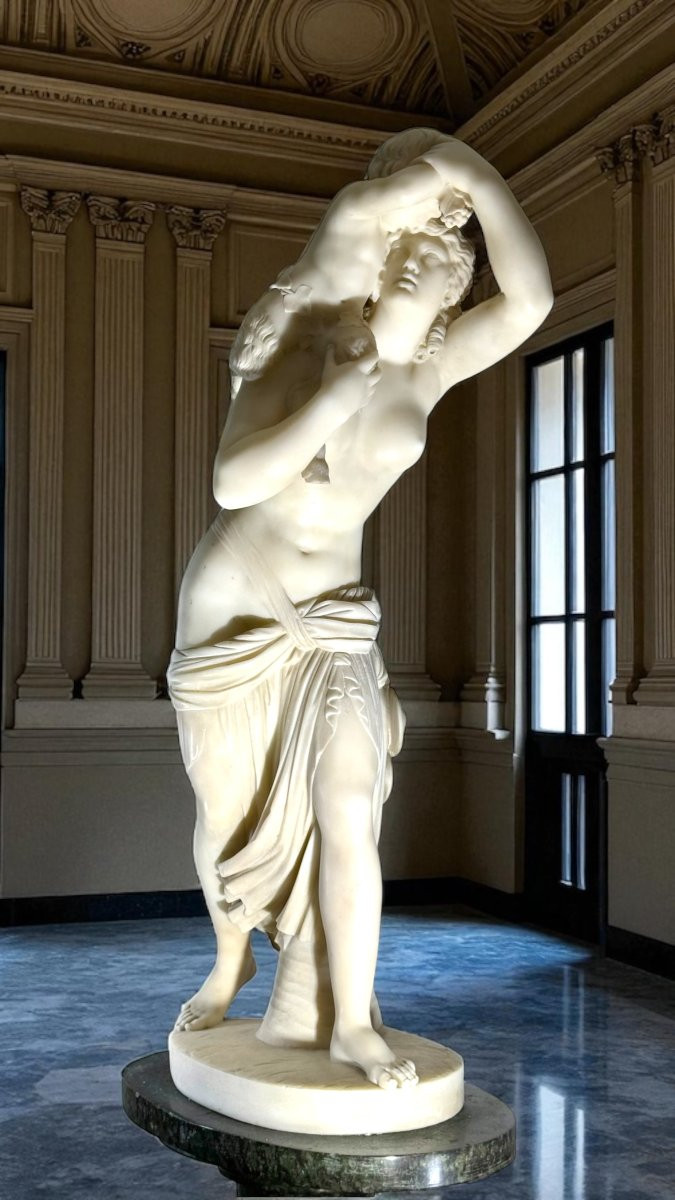 Statua fanciulla neoclassica con fauno, Marmo Bianco statuario di Carrara, FOUCOU-photo-3