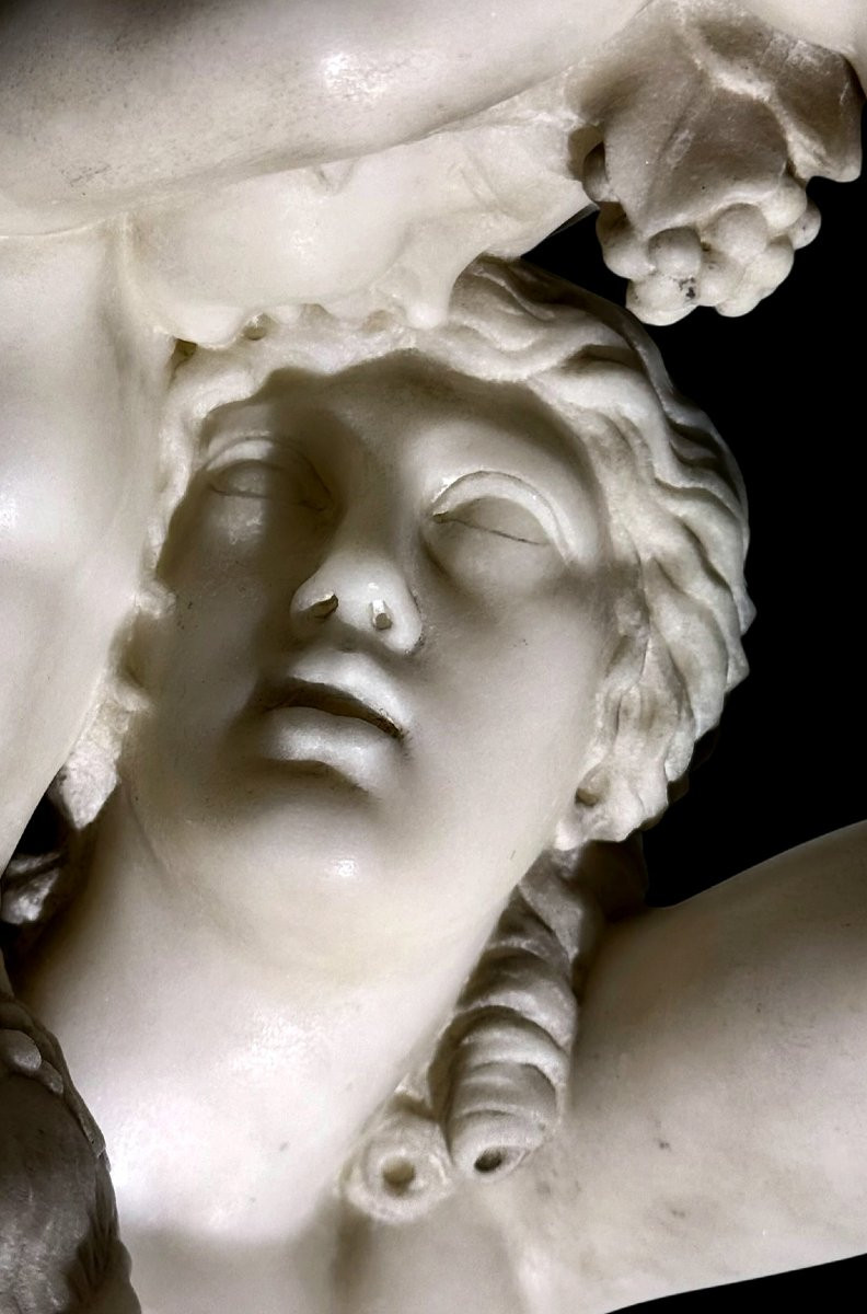 Statua fanciulla neoclassica con fauno, Marmo Bianco statuario di Carrara, FOUCOU-photo-4
