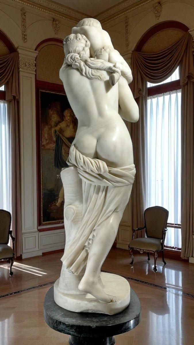 Statua fanciulla neoclassica con fauno, Marmo Bianco statuario di Carrara, FOUCOU-photo-1