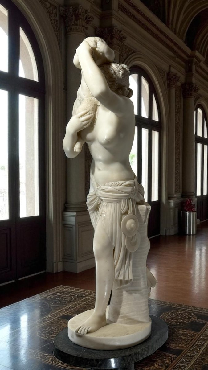 Statua fanciulla neoclassica con fauno, Marmo Bianco statuario di Carrara, FOUCOU-photo-3
