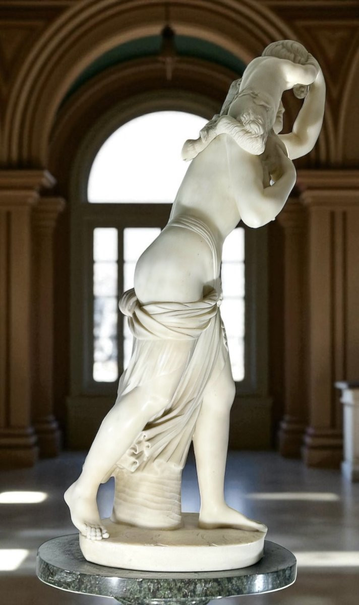 Statua fanciulla neoclassica con fauno, Marmo Bianco statuario di Carrara, FOUCOU-photo-5