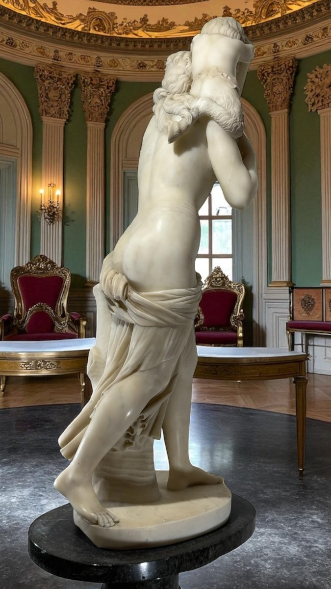 Statua fanciulla neoclassica con fauno, Marmo Bianco statuario di Carrara, FOUCOU-photo-6
