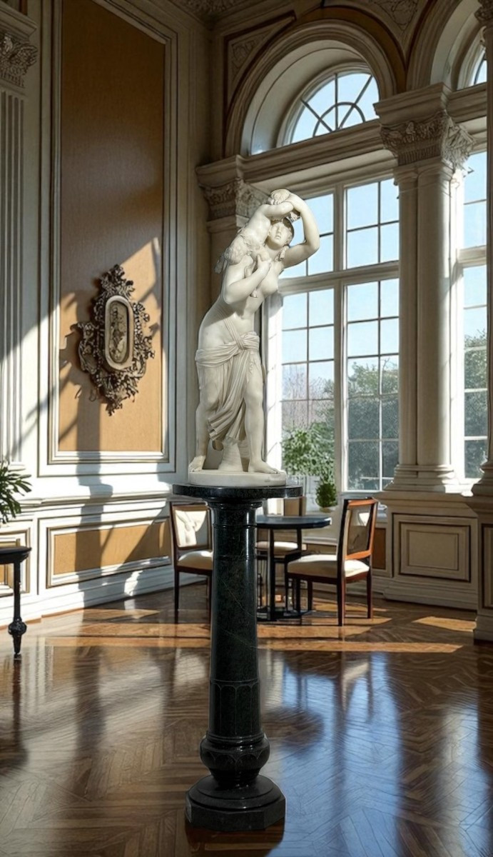 Statua fanciulla neoclassica con fauno, Marmo Bianco statuario di Carrara, FOUCOU