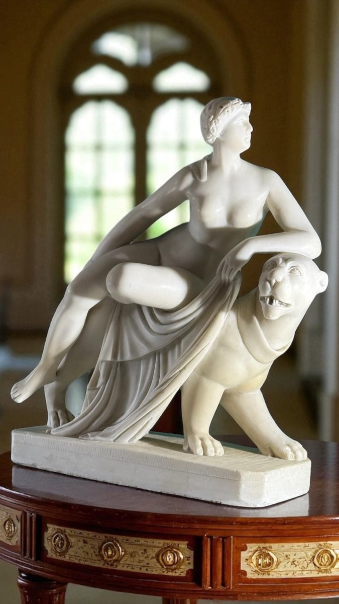 Statua raffigurante Arianna con la Pantera, Marmo Bianco Statuario di Carrara -photo-2