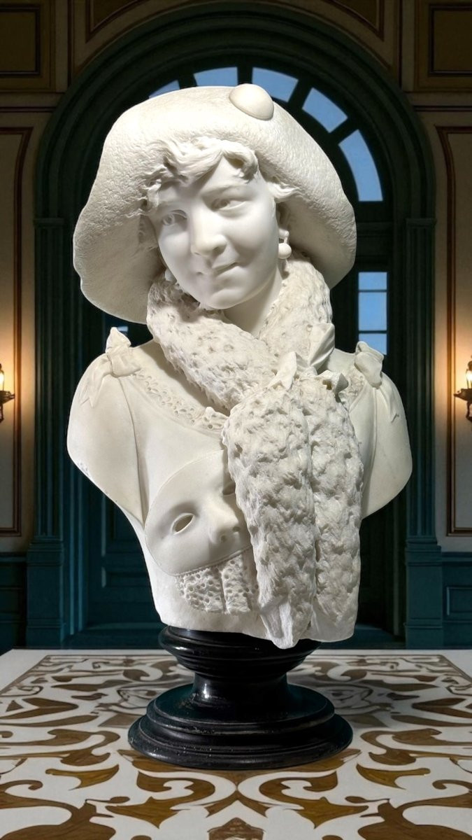 Busto fanciulla che sorride con Maschera di Carnevale, Marmo Carrara -photo-2