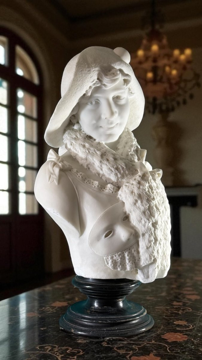 Busto fanciulla che sorride con Maschera di Carnevale, Marmo Carrara -photo-5