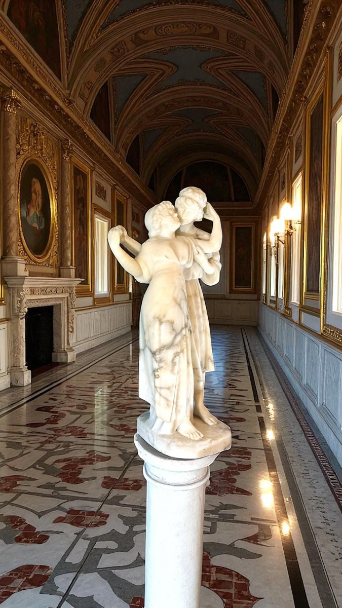 Statua Coppia Fanciulli innamorati che Danzano, Marmo Carrara & Calacatta Oro-photo-2