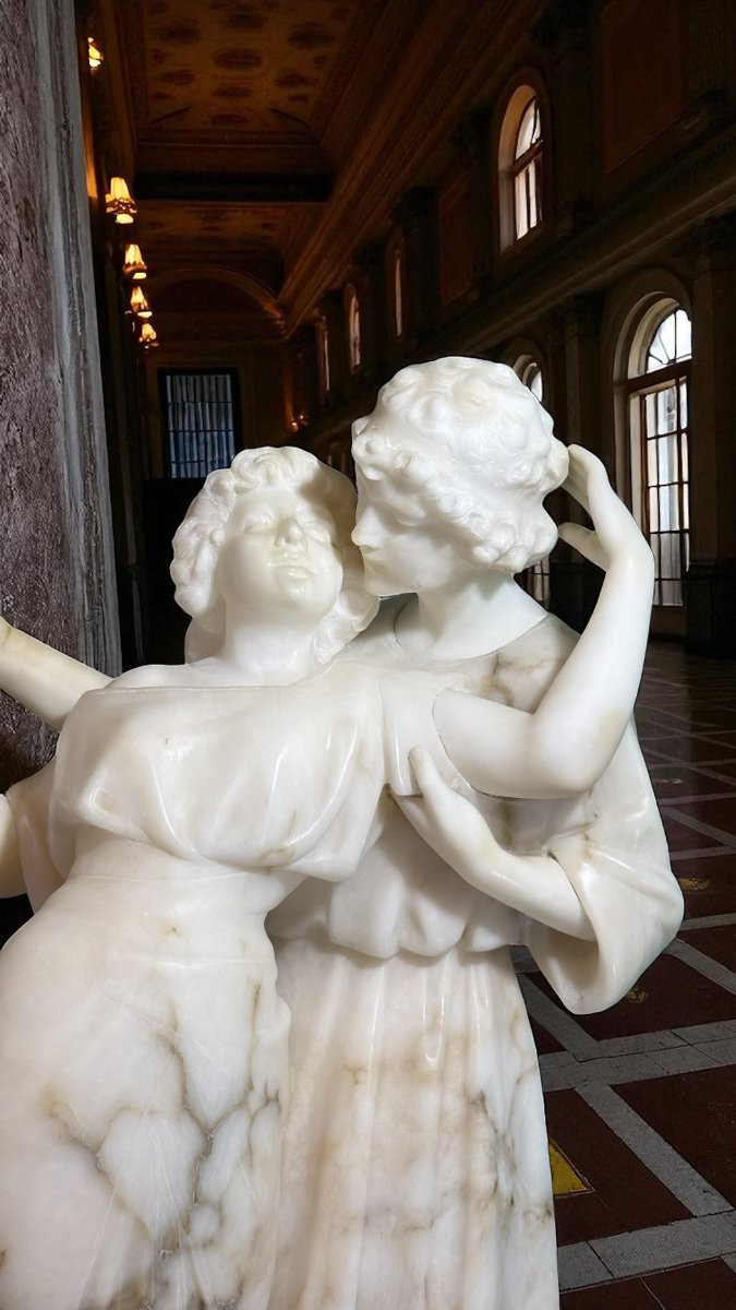 Statua Coppia Fanciulli innamorati che Danzano, Marmo Carrara & Calacatta Oro-photo-3