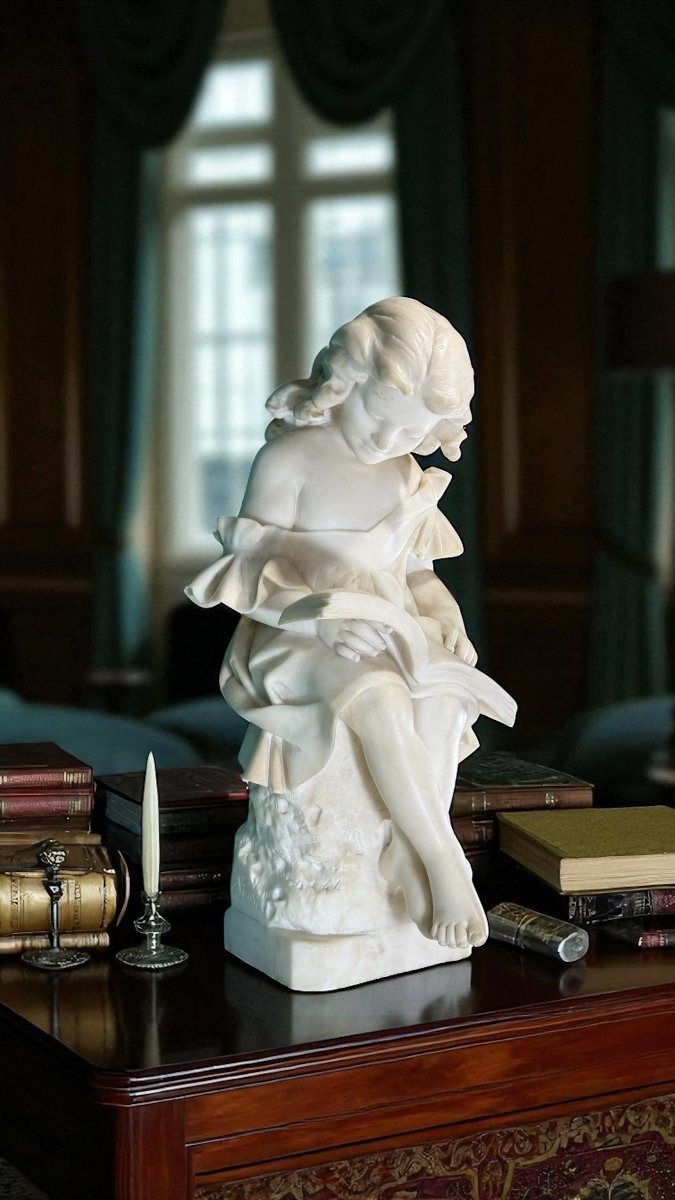 Statua raffigurante Fanciulla che legge un libro, Marmo Bianco statuario di Carrara,  Vicari -photo-2