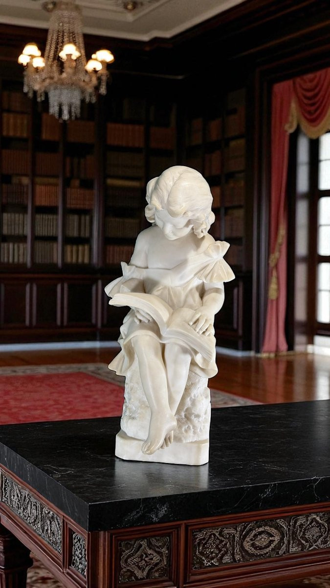 Statua raffigurante Fanciulla che legge un libro, Marmo Bianco statuario di Carrara,  Vicari -photo-3