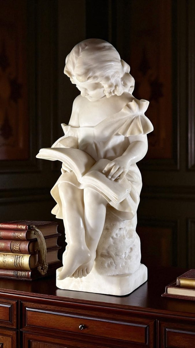Statua raffigurante Fanciulla che legge un libro, Marmo Bianco statuario di Carrara,  Vicari -photo-4