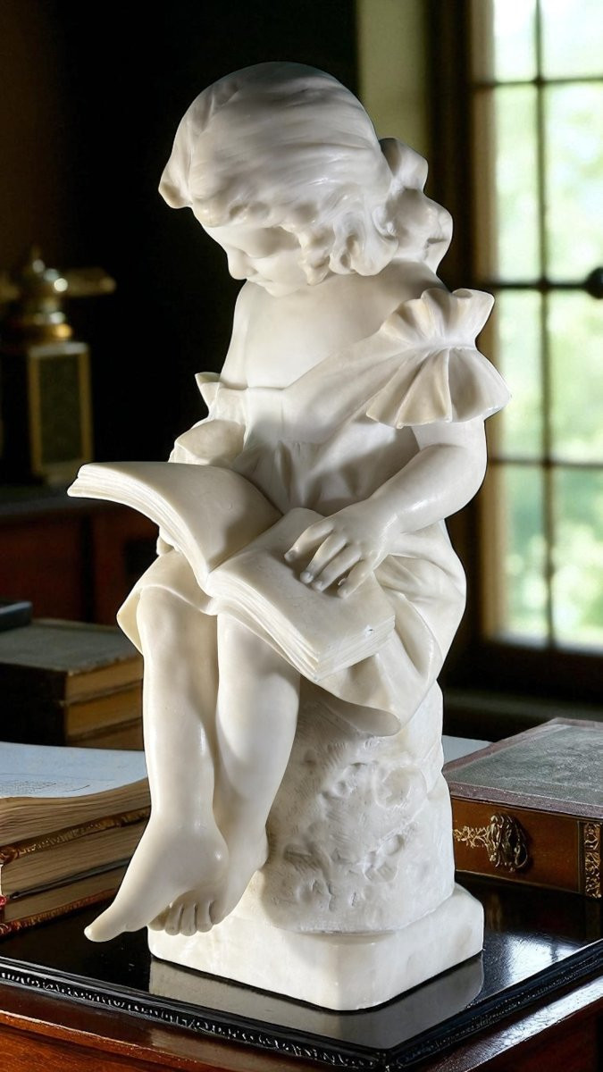 Statua raffigurante Fanciulla che legge un libro, Marmo Bianco statuario di Carrara,  Vicari -photo-1