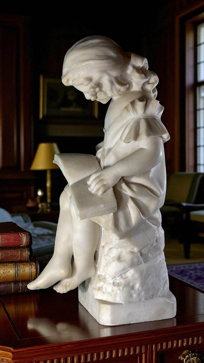 Statua raffigurante Fanciulla che legge un libro, Marmo Bianco statuario di Carrara,  Vicari -photo-2