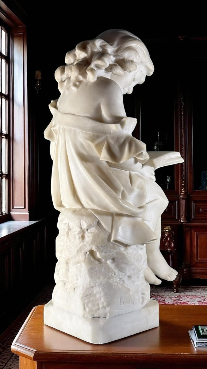 Statua raffigurante Fanciulla che legge un libro, Marmo Bianco statuario di Carrara,  Vicari -photo-3