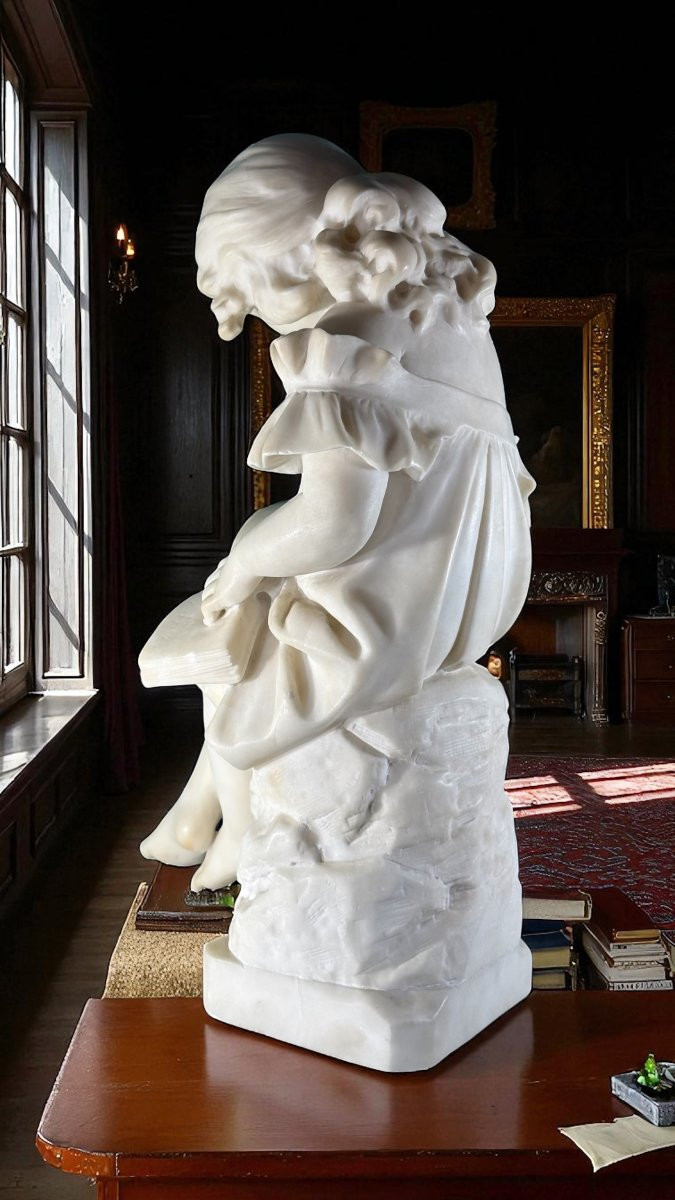 Statua raffigurante Fanciulla che legge un libro, Marmo Bianco statuario di Carrara,  Vicari -photo-4