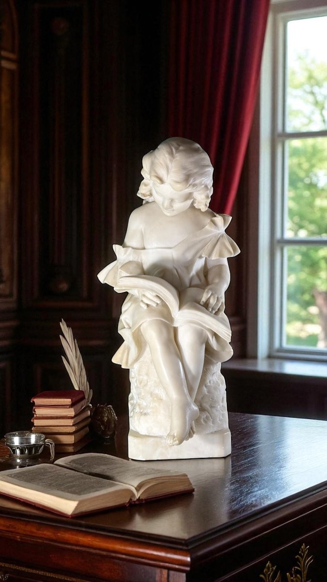Statua raffigurante Fanciulla che legge un libro, Marmo Bianco statuario di Carrara,  Vicari -photo-7