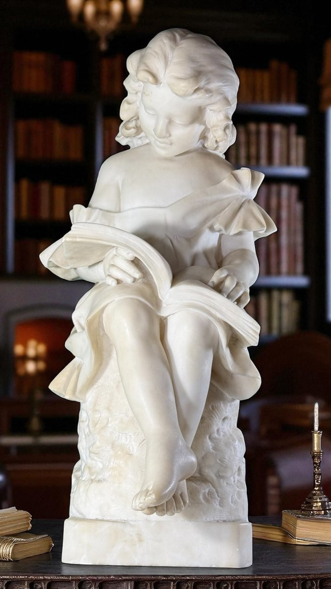 Statua raffigurante Fanciulla che legge un libro, Marmo Bianco statuario di Carrara,  Vicari -photo-8