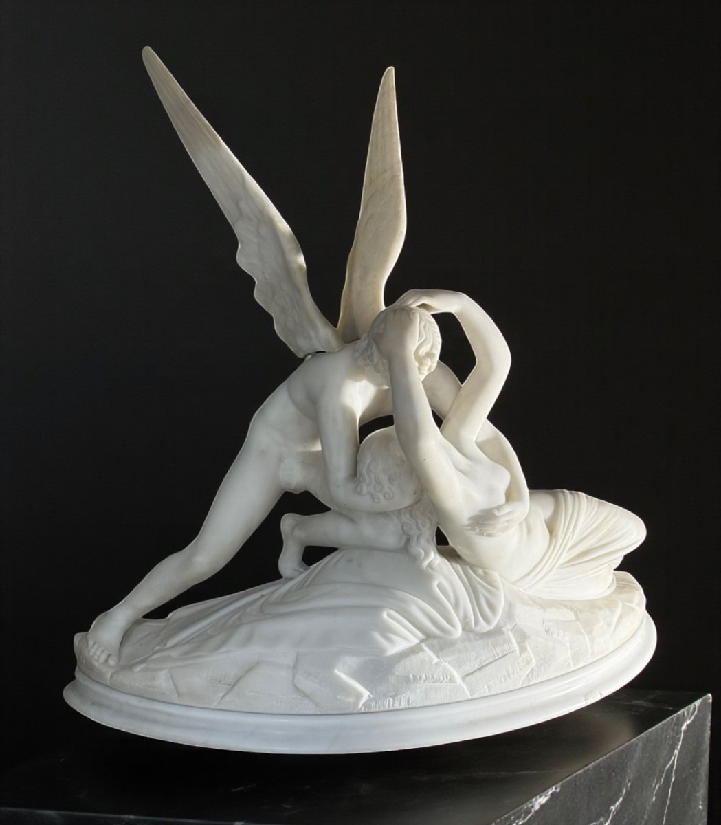 Gruppo scultoreo raffigurante Psiche ravvivata dal bacio d'amore, Marmo Bianco di Carrara -photo-3