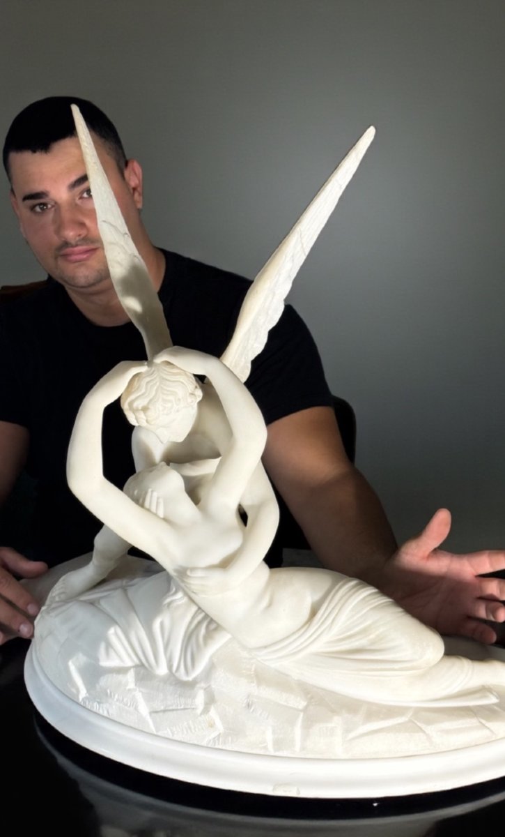 Gruppo scultoreo raffigurante Psiche ravvivata dal bacio d'amore, Marmo Bianco di Carrara -photo-8