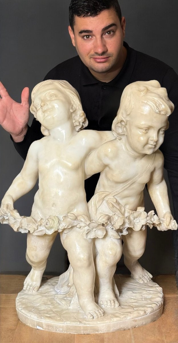 Statua Putti  che reggono una Ghirlanda di fiori, Auguste Moreau (1834-1917), Marmo Carrara -photo-3