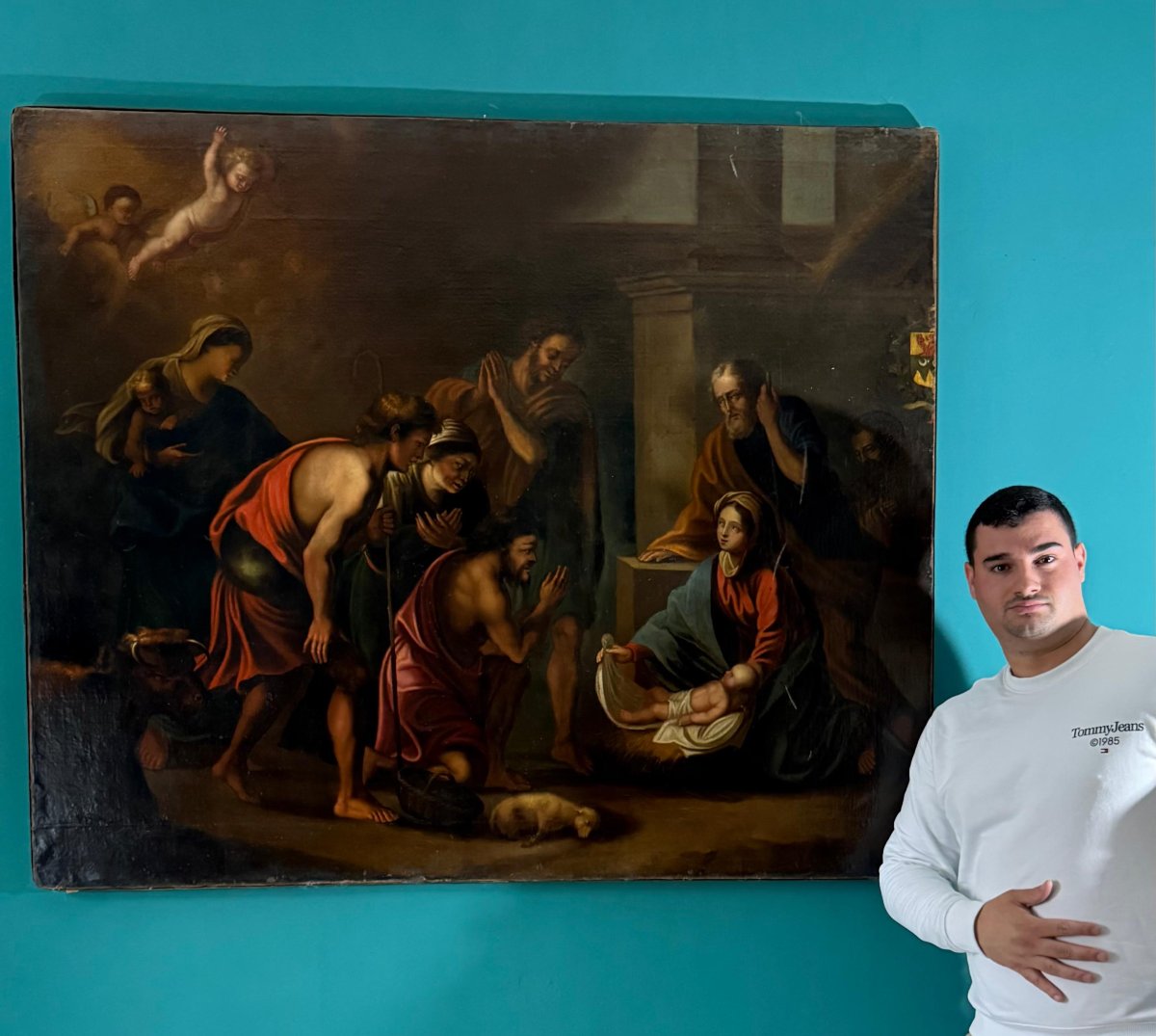 Dipinto Antico raffigurante la Sacra Natività, firmato e datato 1665-photo-4