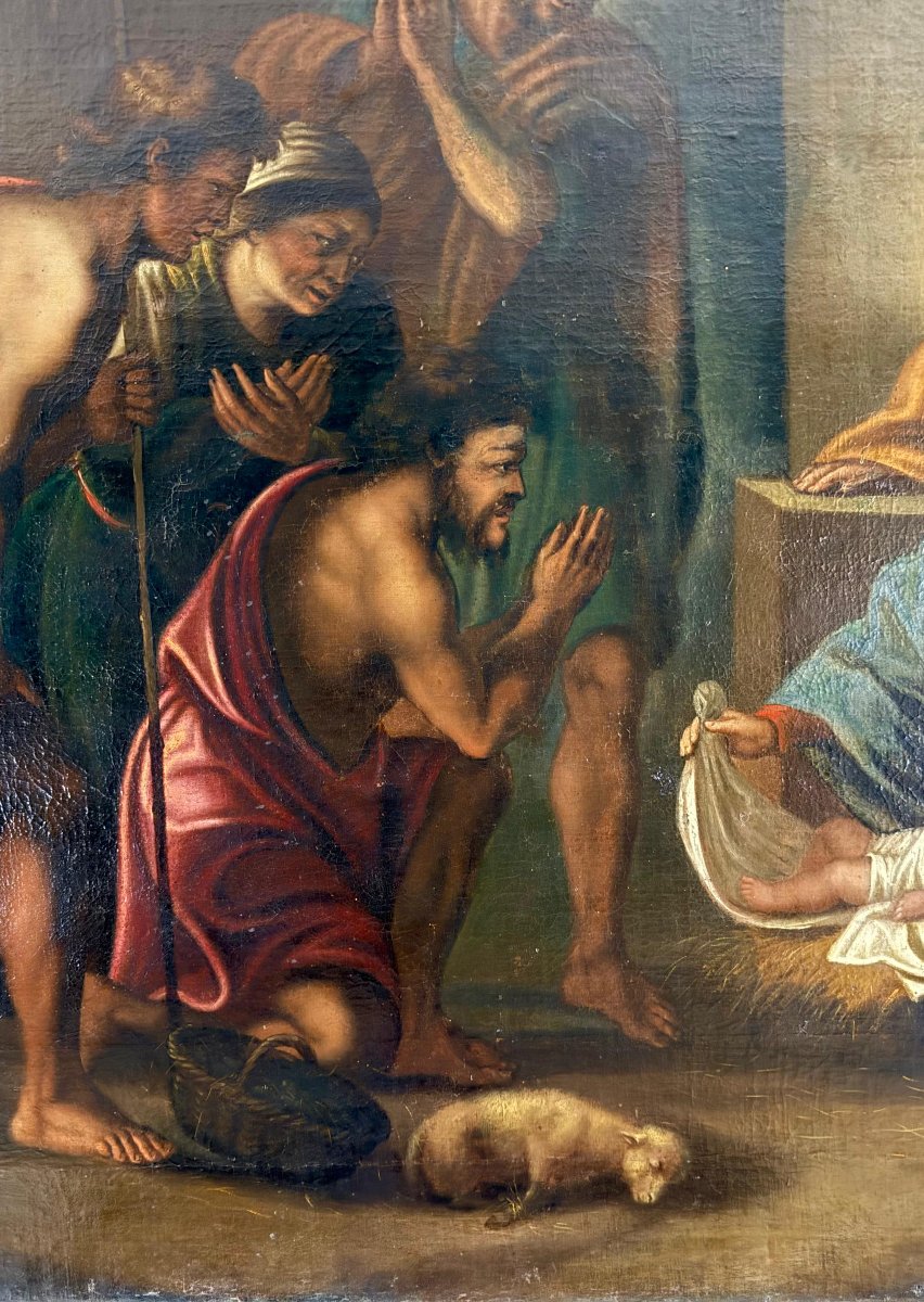 Dipinto Antico raffigurante la Sacra Natività, firmato e datato 1665-photo-2