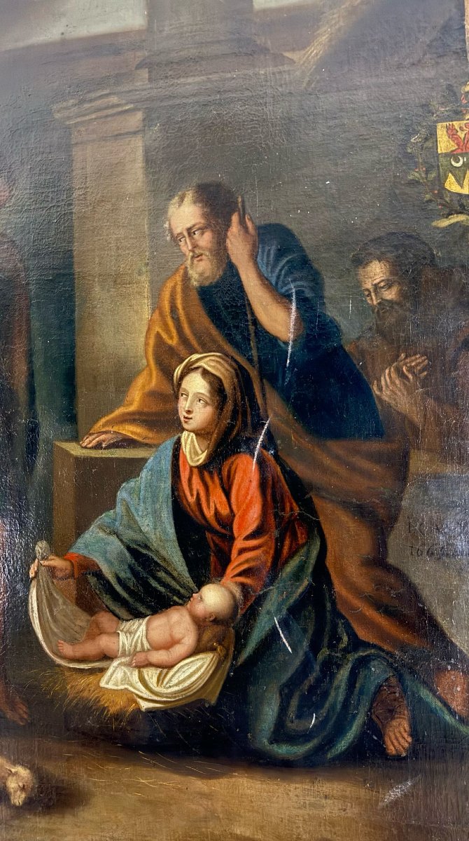 Dipinto Antico raffigurante la Sacra Natività, firmato e datato 1665-photo-3