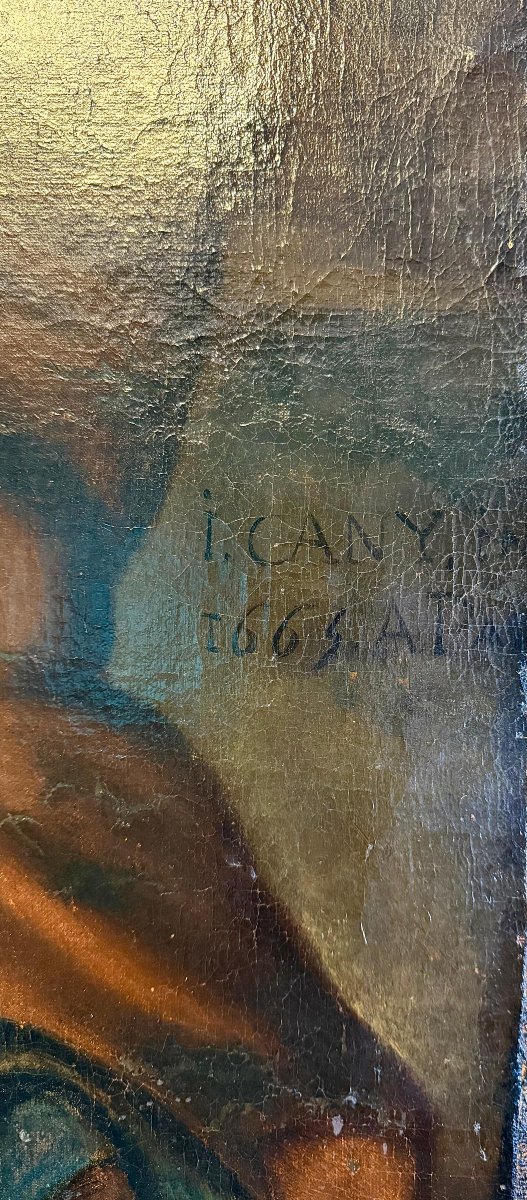 Dipinto Antico raffigurante la Sacra Natività, firmato e datato 1665-photo-5