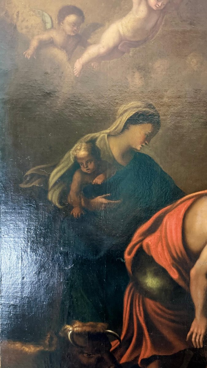 Dipinto Antico raffigurante la Sacra Natività, firmato e datato 1665-photo-7