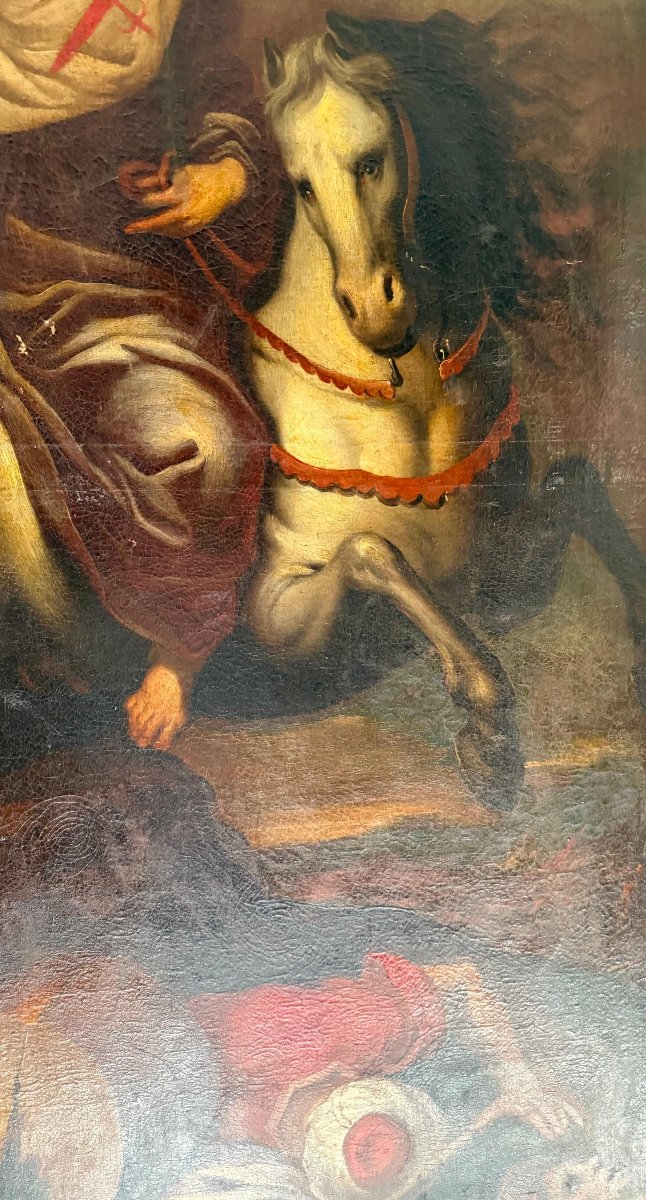 Dipinto antico raffigurante San Giacomo Maggiore a cavallo XVII° -photo-3