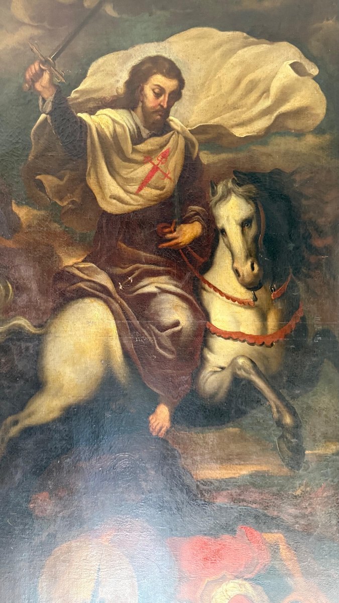 Dipinto antico raffigurante San Giacomo Maggiore a cavallo XVII° -photo-4